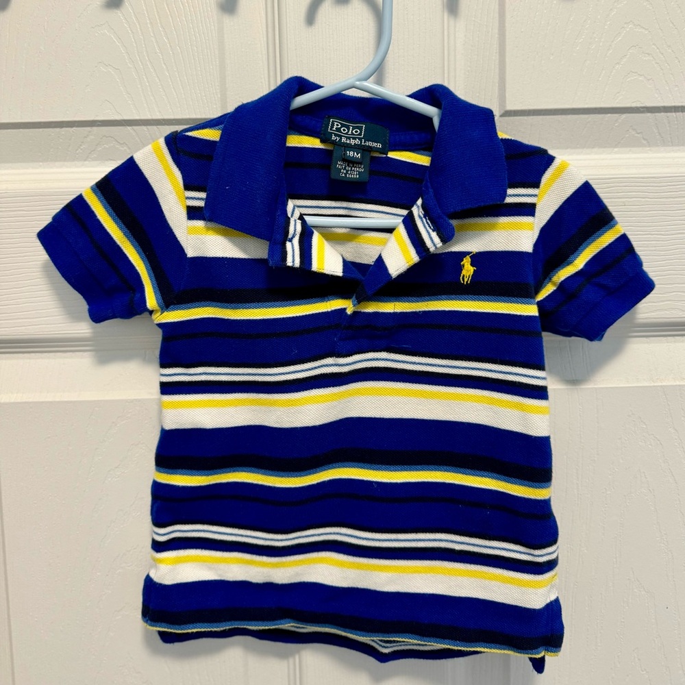 Baby Boys Polo Ralph Lauren shirt.  Size 12-18m. Blue, yellow and white striped.